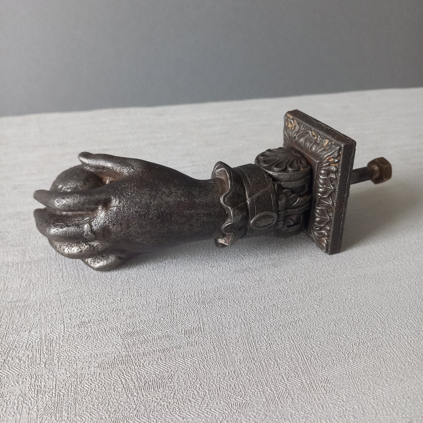 French antique door knocker made from cast iron, female hand door knocker