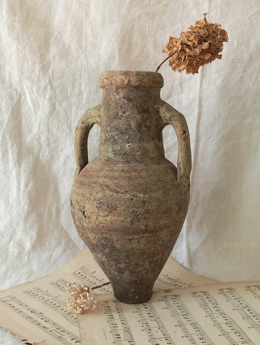 antique hand-made terracotta stoneware storage pot. With its ancient Greek inspired lines and rough texture it would make a absolutely beautiful piece of home decor in a rustic, farmhouse or country-inspired interior.