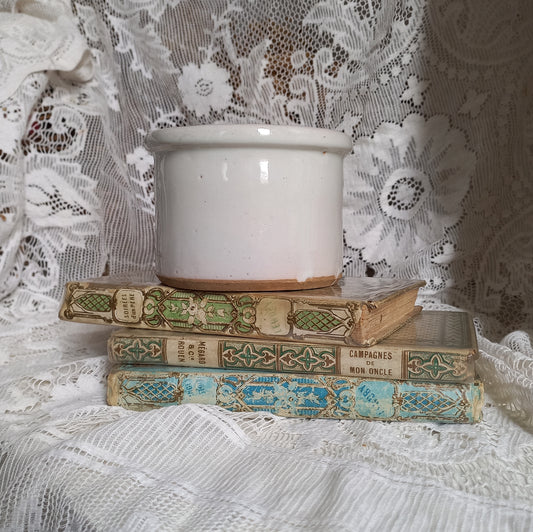 Small antique pottery crock pot with white glaze from France