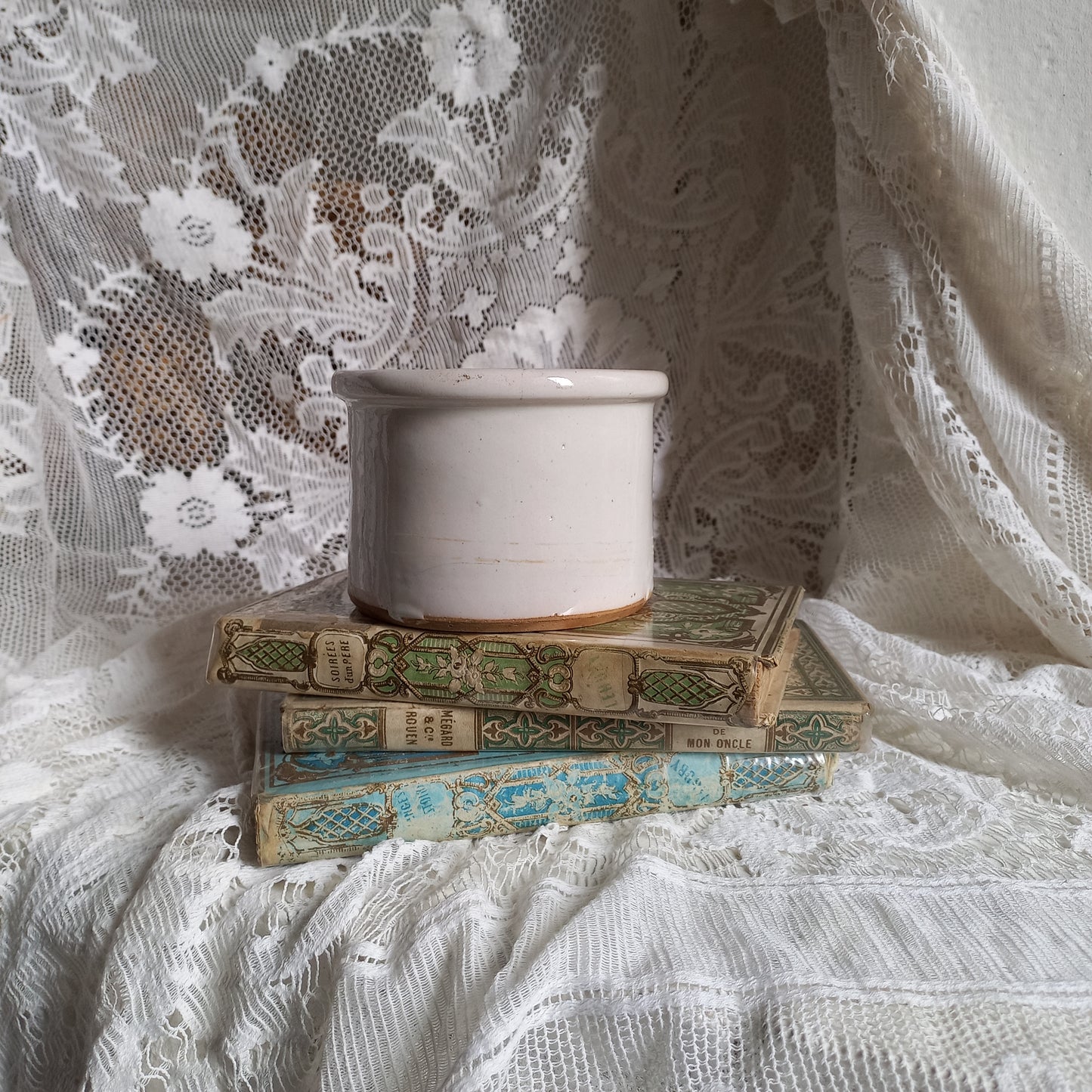 Small antique pottery crock pot with white glaze from France