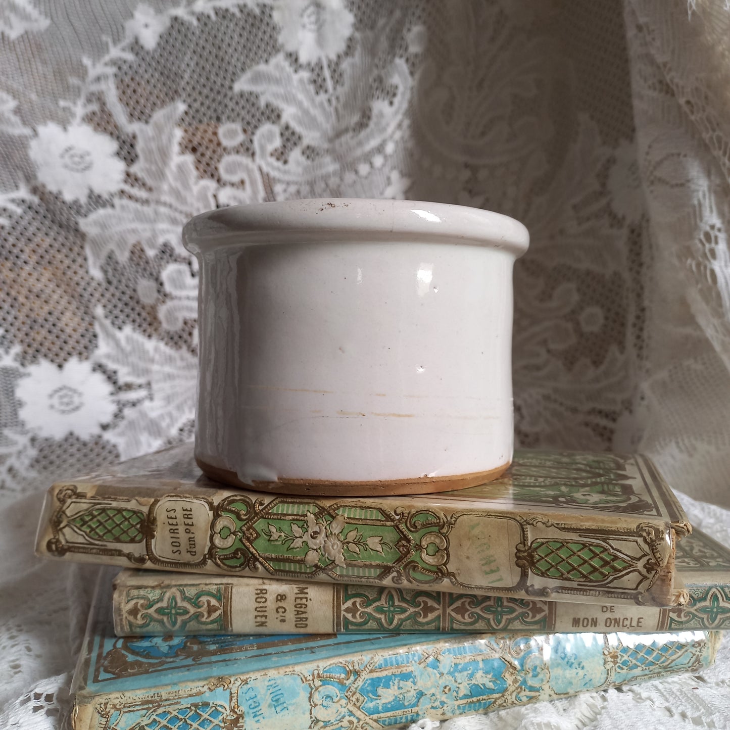 Small antique pottery crock pot with white glaze from France