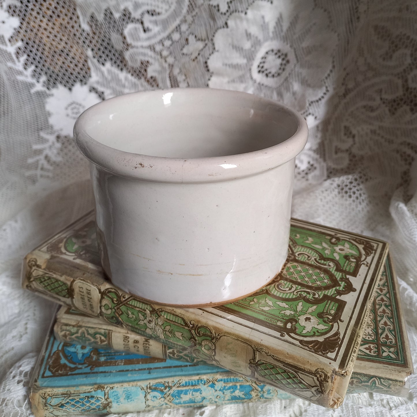 Small antique pottery crock pot with white glaze from France