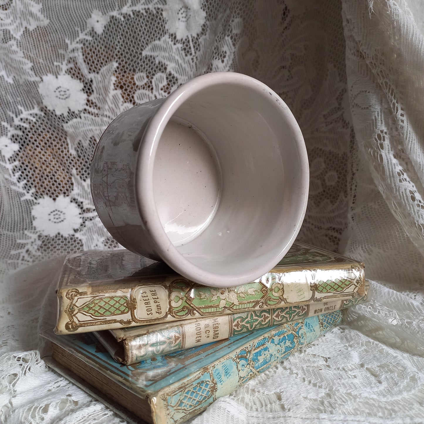 Small antique pottery crock pot with white glaze from France