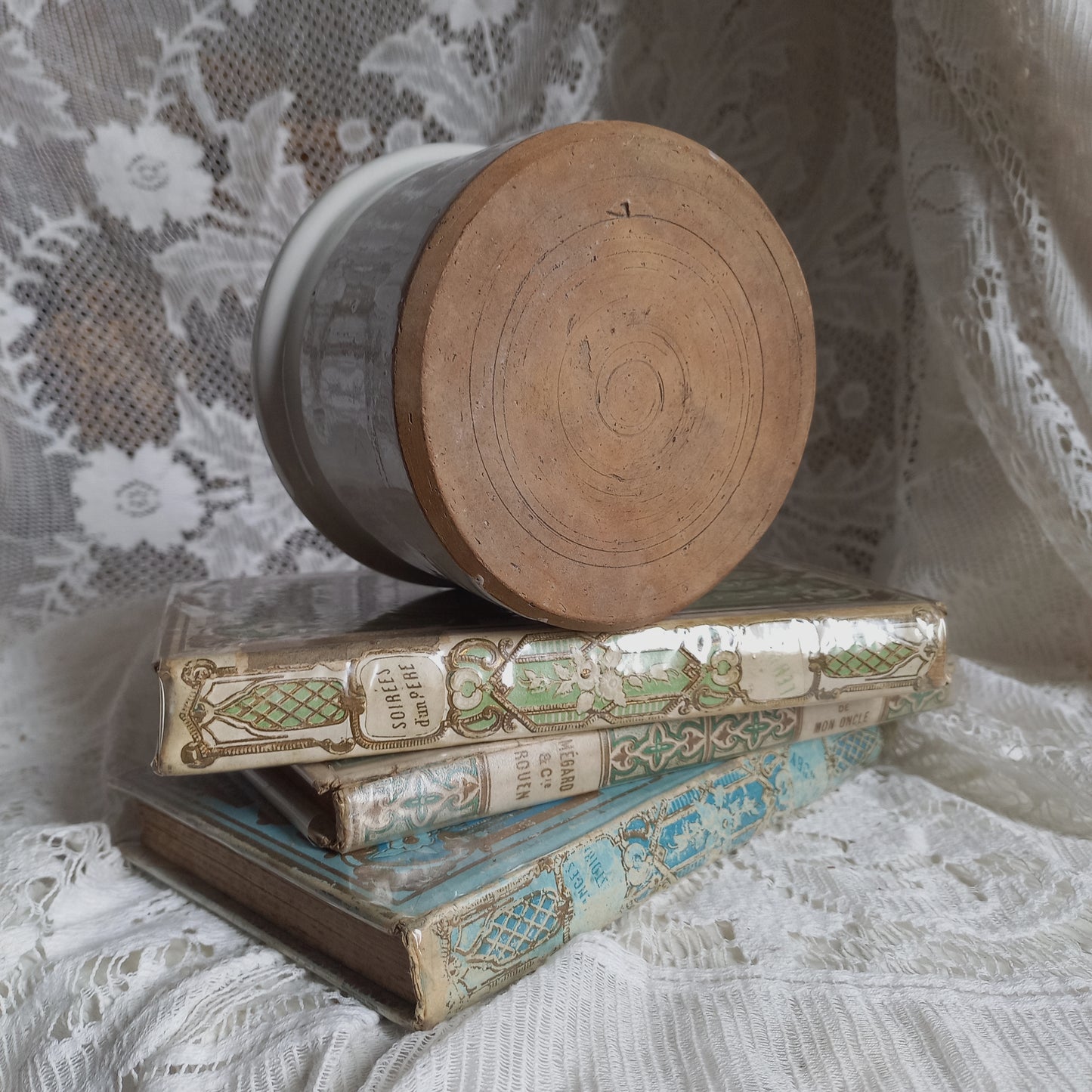 Small antique pottery crock pot with white glaze from France