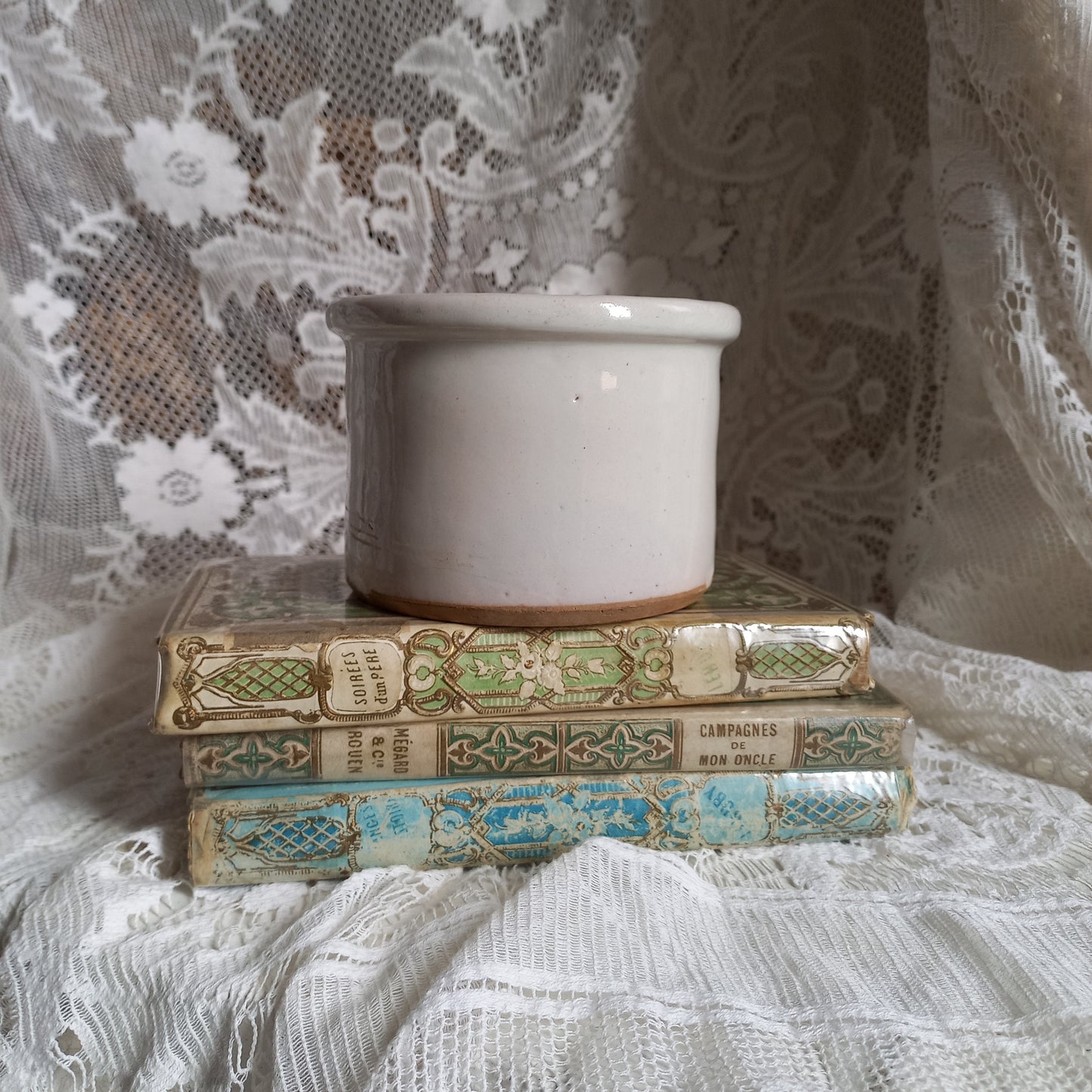 Small antique pottery crock pot with white glaze from France