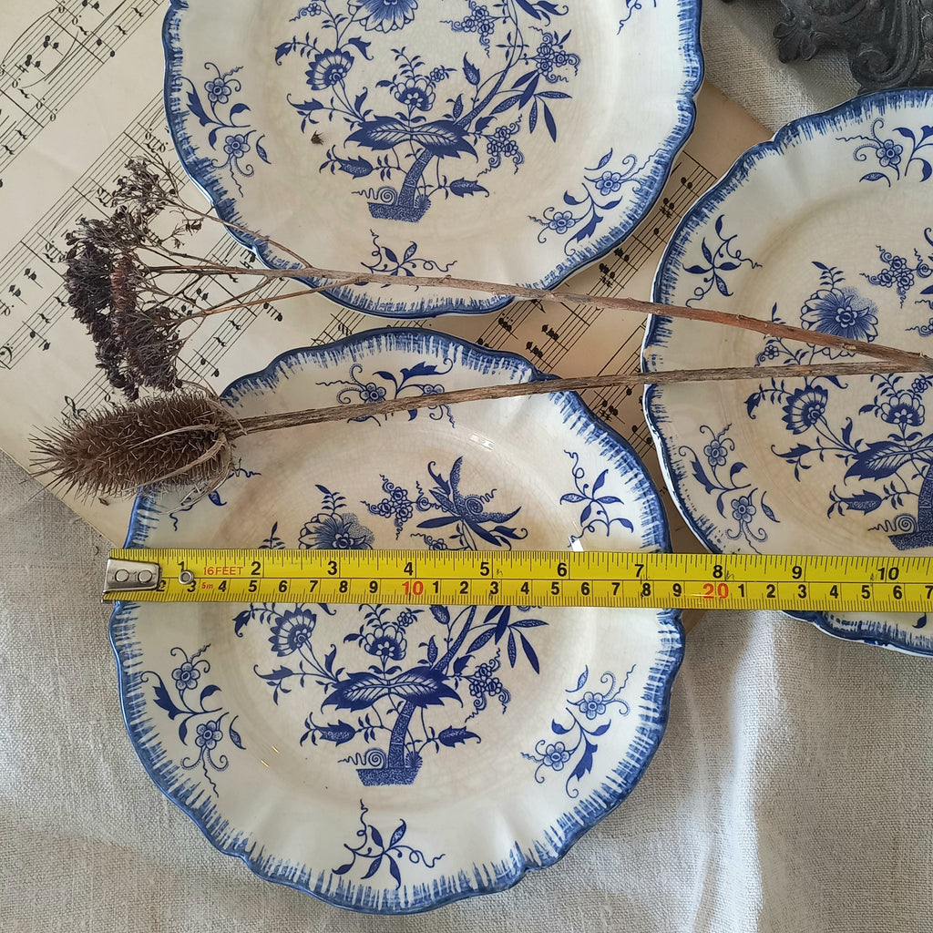 A charming set of 3 little antique white ironstone plates with beautiful blue floral transferware patterns. These little plates are called 'Lancaster' and although there is no maker's mark we have seen the same pattern and plate name manufactured by Sarreguemines.