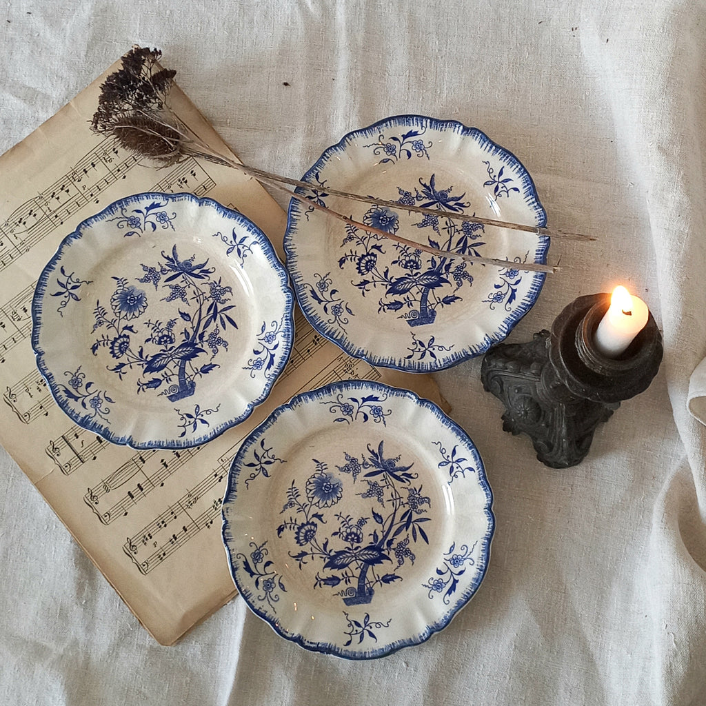 A charming set of 3 little antique white ironstone plates with beautiful blue floral transferware patterns. These little plates are called 'Lancaster' and although there is no maker's mark we have seen the same pattern and plate name manufactured by Sarreguemines.