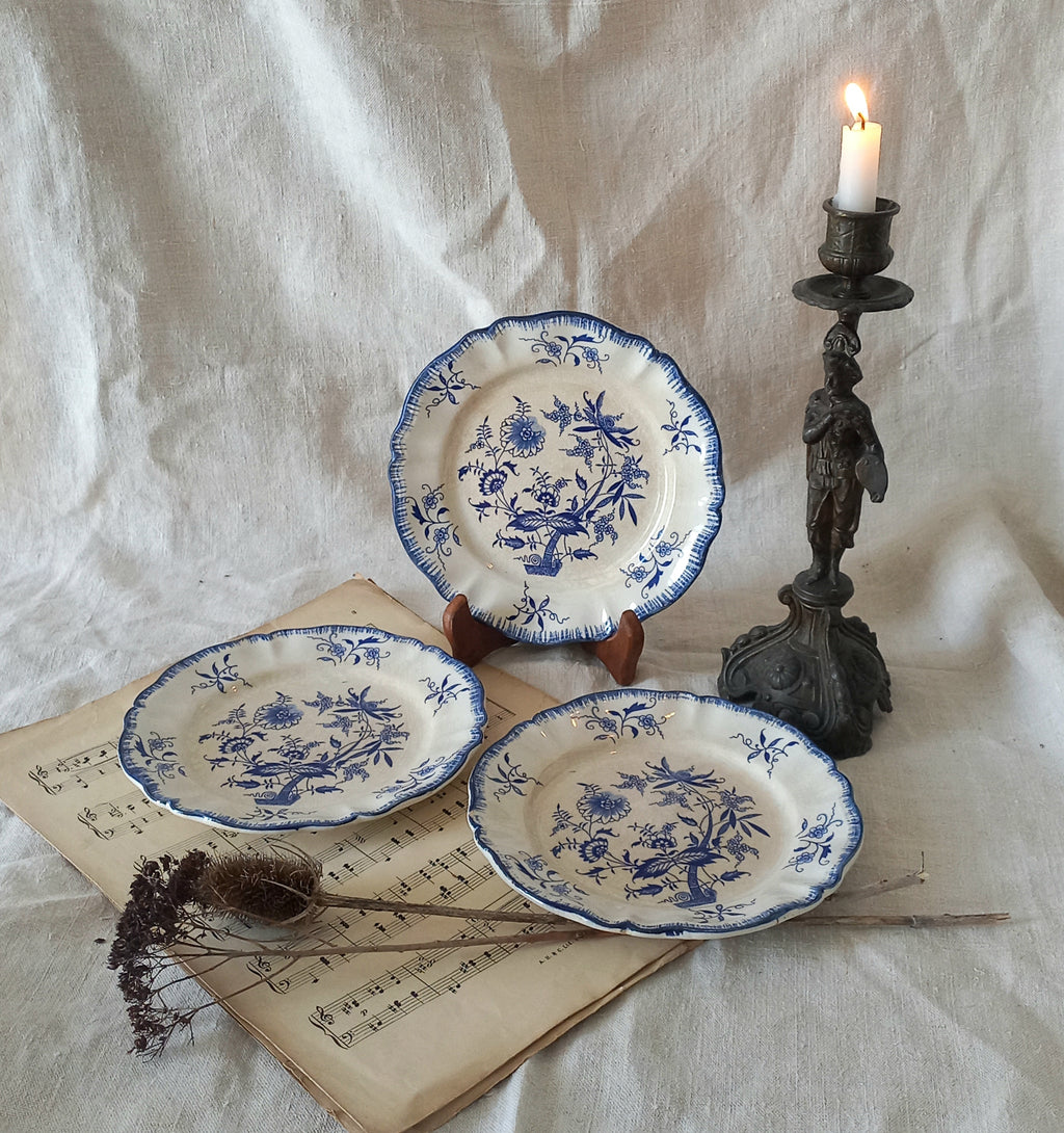 A charming set of 3 little antique white ironstone plates with beautiful blue floral transferware patterns. These little plates are called 'Lancaster' and although there is no maker's mark we have seen the same pattern and plate name manufactured by Sarreguemines.