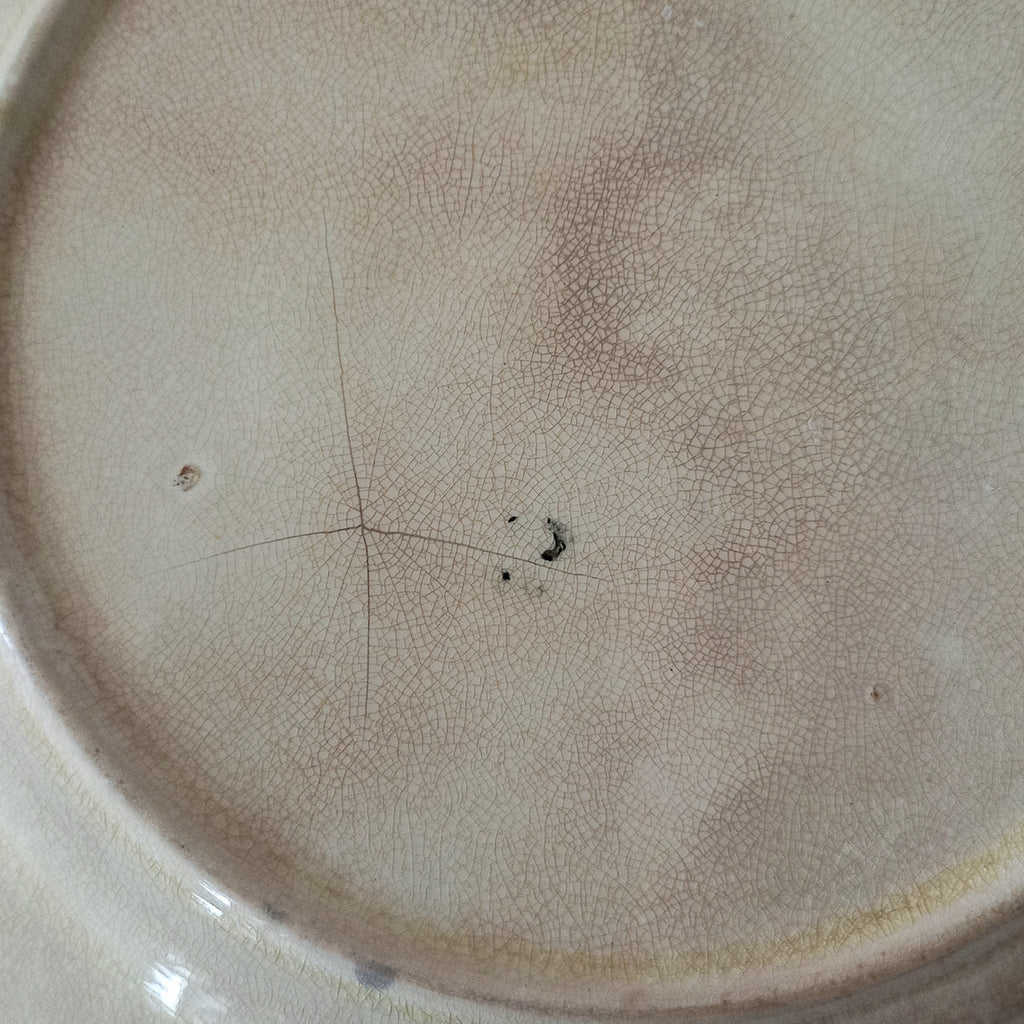 Close-up of a ceramic plate with a textured surface and imperfections.