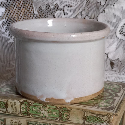 White glazed pottery crock pot, French antique utensil storage pot