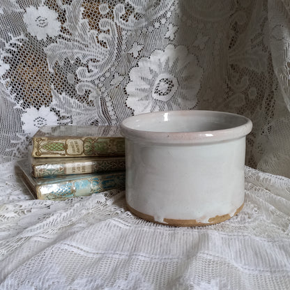 White glazed pottery crock pot, French antique utensil storage pot