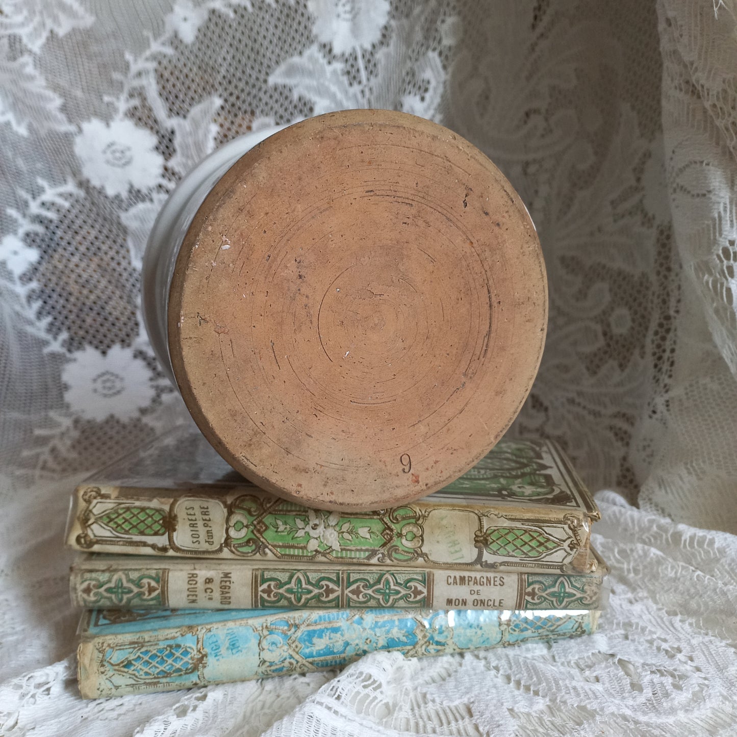 White glazed pottery crock pot, French antique utensil storage pot