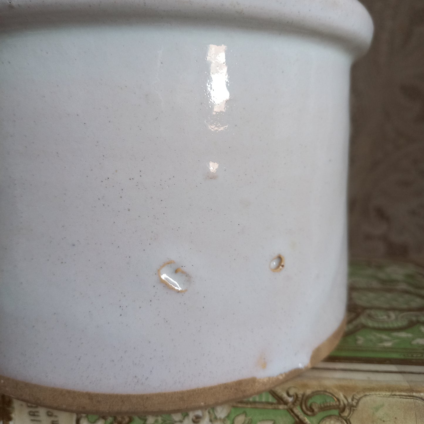 White glazed pottery crock pot, French antique utensil storage pot