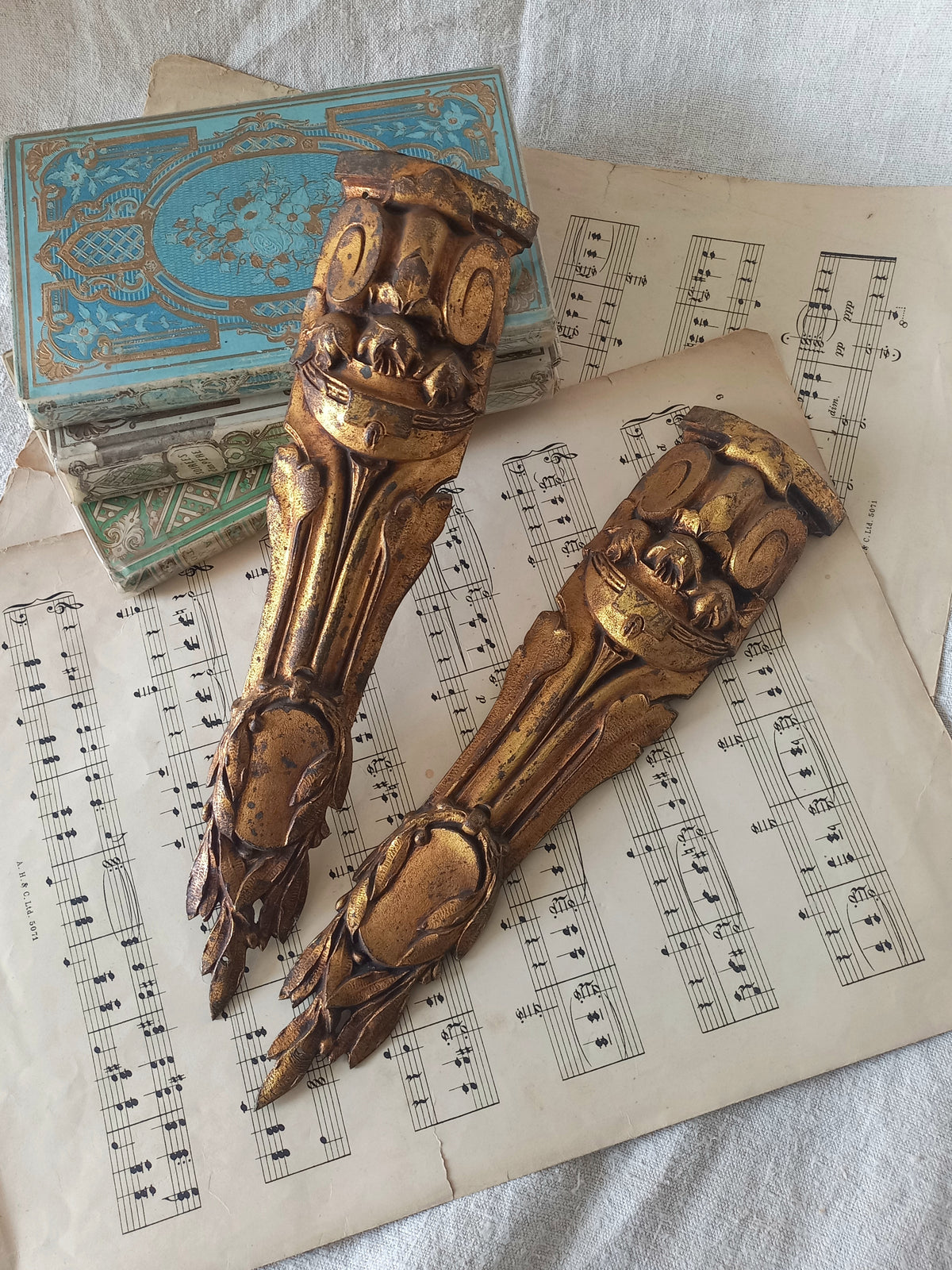 A stunning pair of French antique furniture decorations/ornaments - these salvaged hardware pieces are highly decorative in detail and eye-catching with their wonderful time-worn bronze finishes. 
