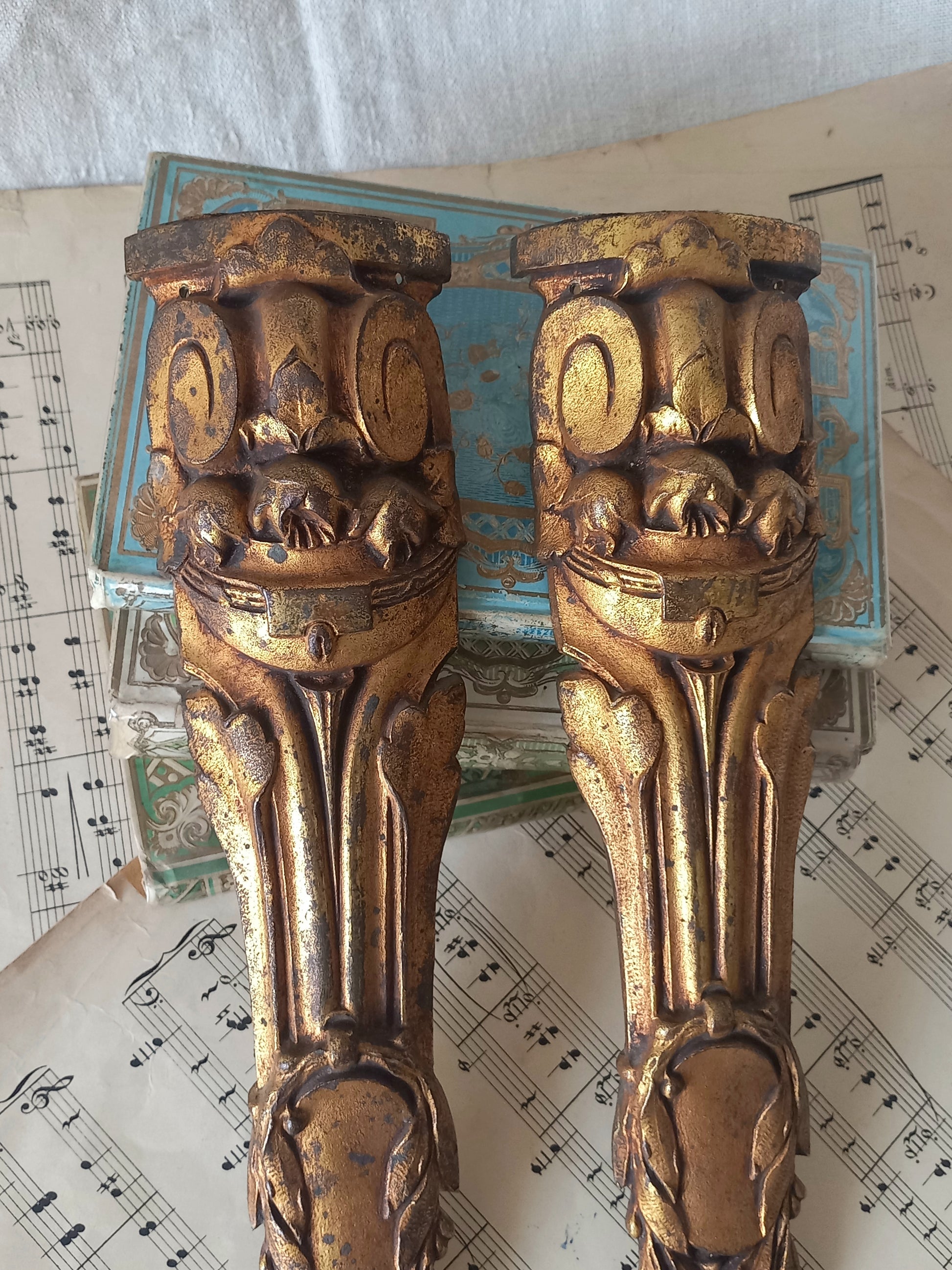 A stunning pair of French antique furniture decorations/ornaments - these salvaged hardware pieces are highly decorative in detail and eye-catching with their wonderful time-worn bronze finishes. 