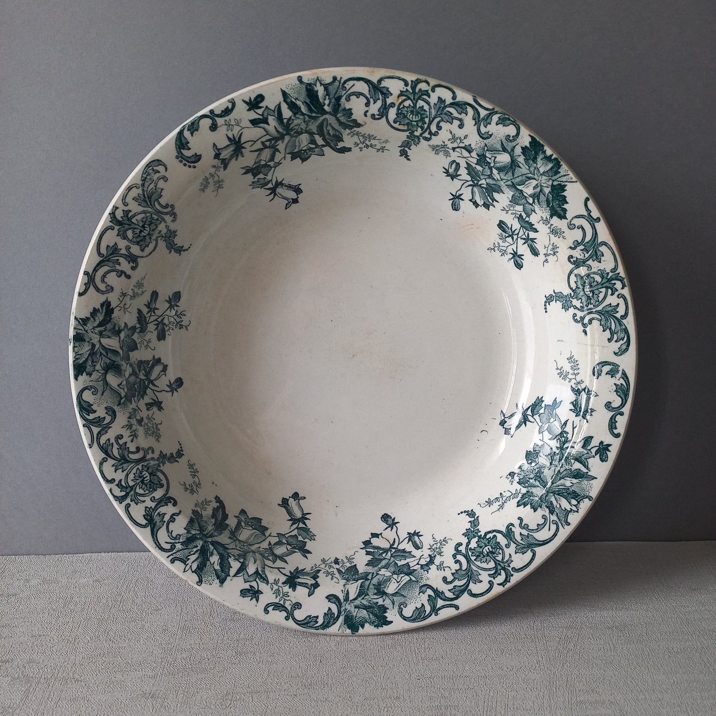 Antique ironstone dish or bowl with teal floral pattern from France, shabby chic rustic farmhouse kitchen