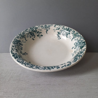 Antique ironstone dish or bowl with teal floral pattern from France, shabby chic rustic farmhouse kitchen