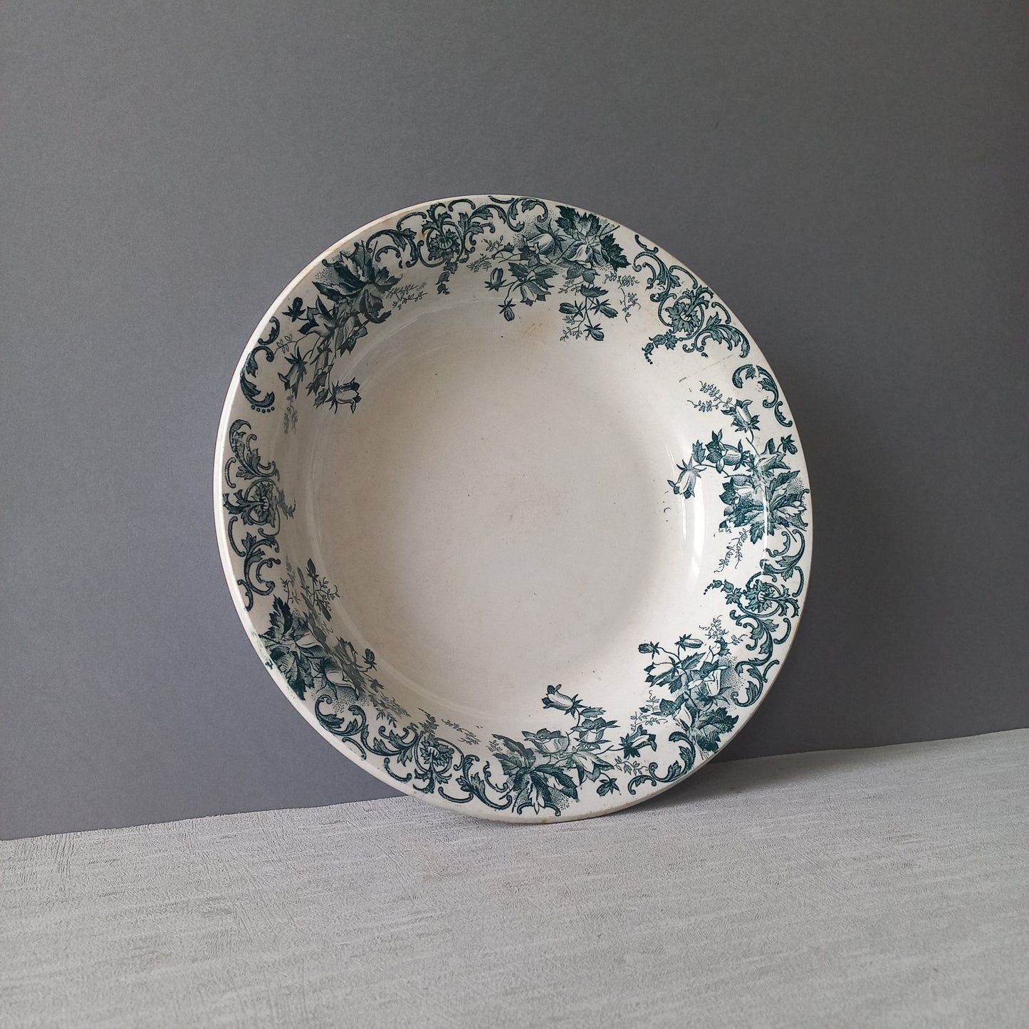 Antique ironstone dish or bowl with teal floral pattern from France, shabby chic rustic farmhouse kitchen