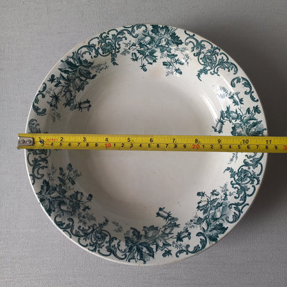 Antique ironstone dish or bowl with teal floral pattern from France, shabby chic rustic farmhouse kitchen