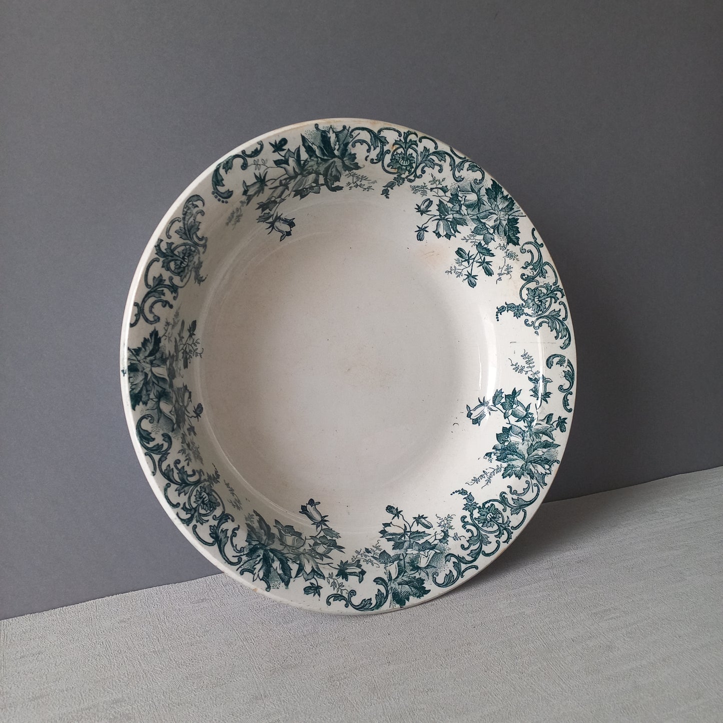 Antique ironstone dish or bowl with teal floral pattern from France, shabby chic rustic farmhouse kitchen