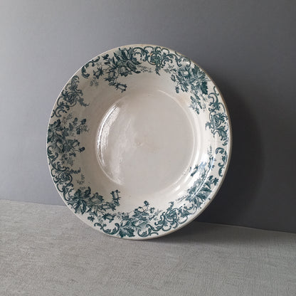 Antique ironstone dish or bowl with teal floral pattern from France, shabby chic rustic farmhouse kitchen