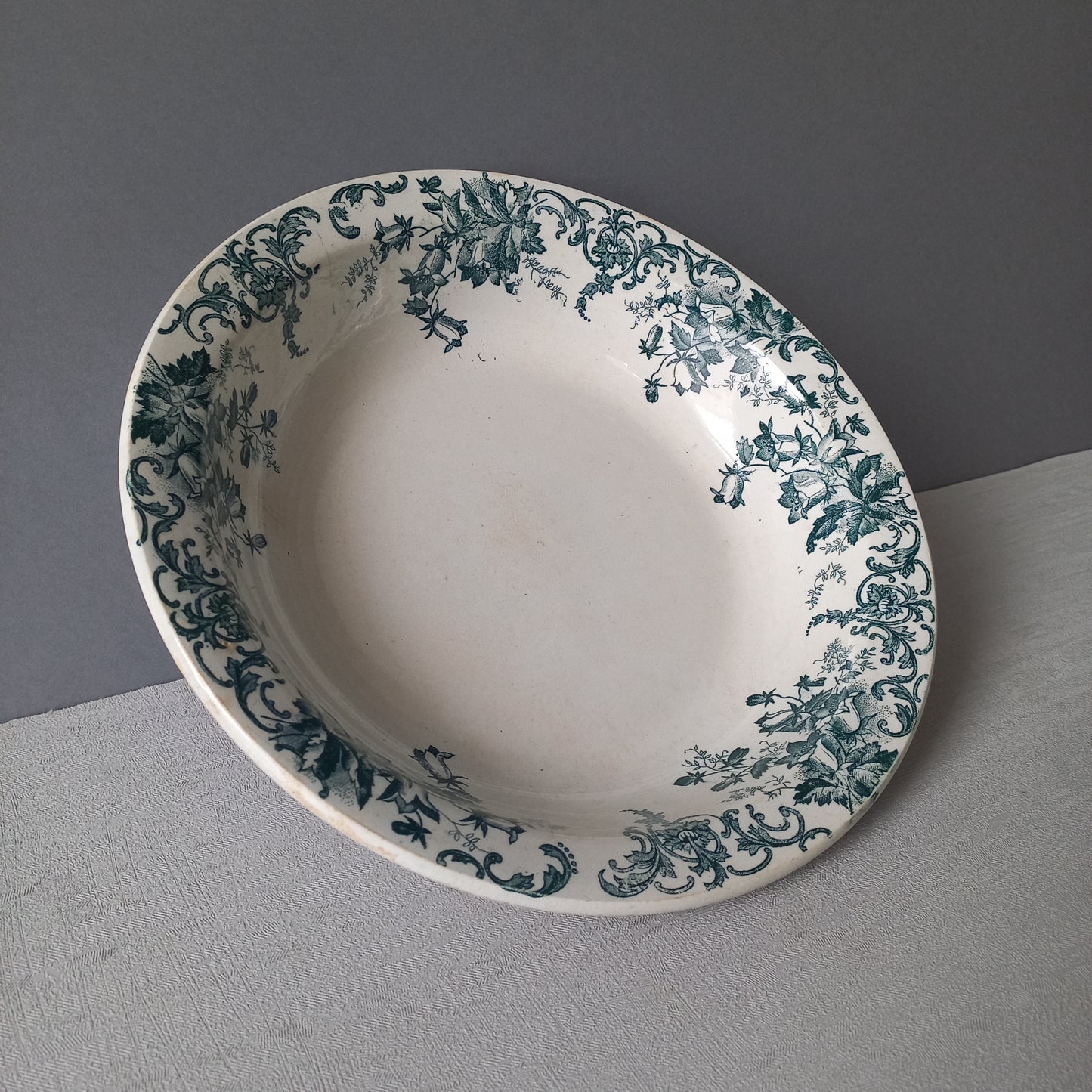 Antique ironstone dish or bowl with teal floral pattern from France, shabby chic rustic farmhouse kitchen