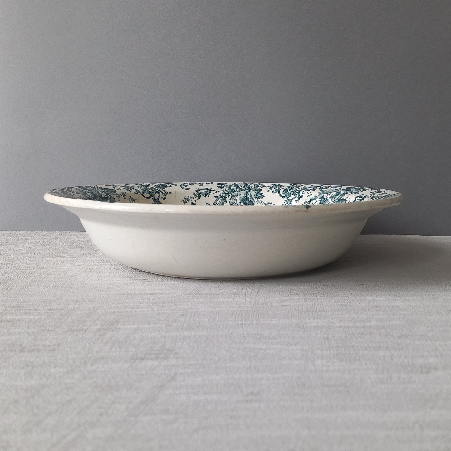 Antique ironstone dish or bowl with teal floral pattern from France, shabby chic rustic farmhouse kitchen