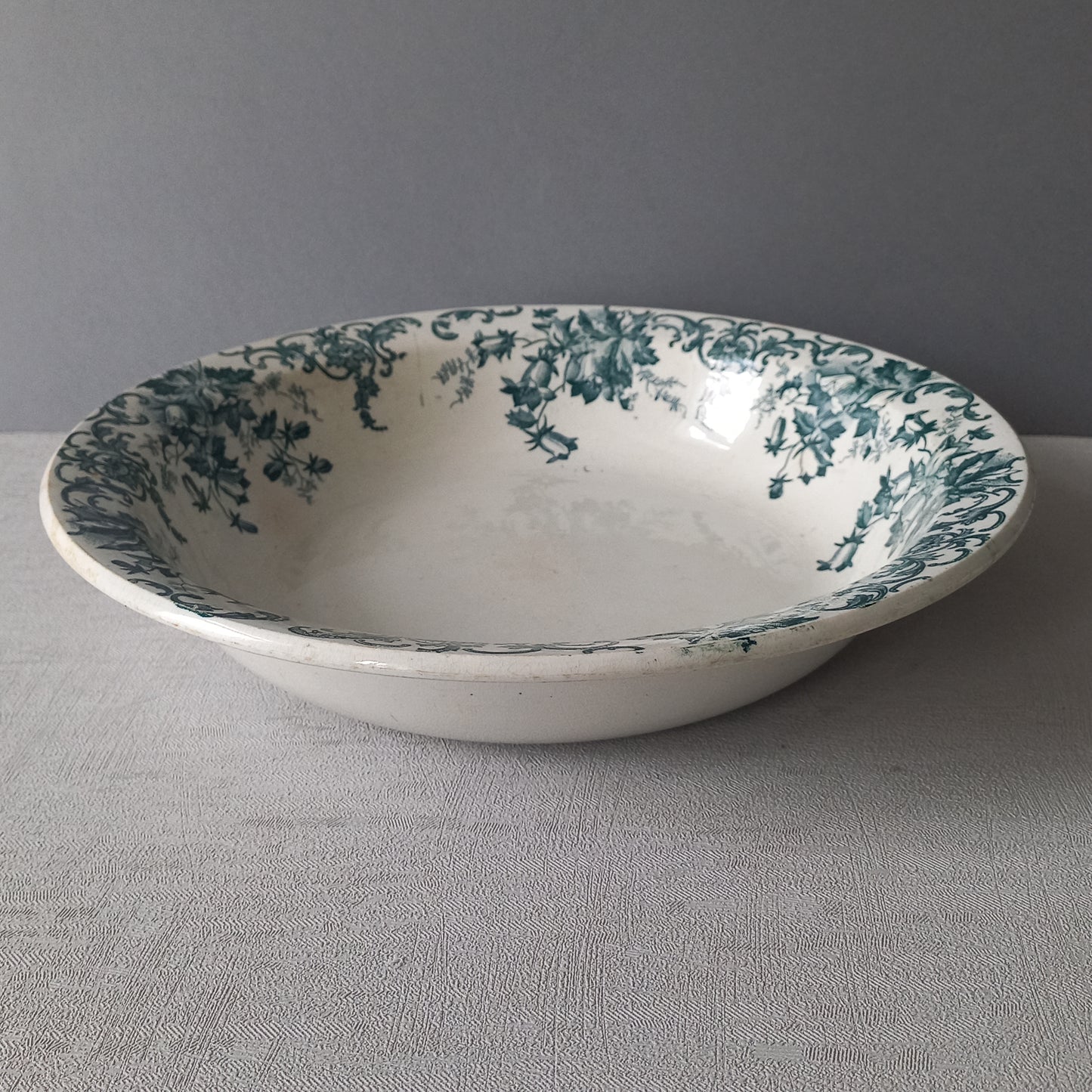 Antique ironstone dish or bowl with teal floral pattern from France, shabby chic rustic farmhouse kitchen