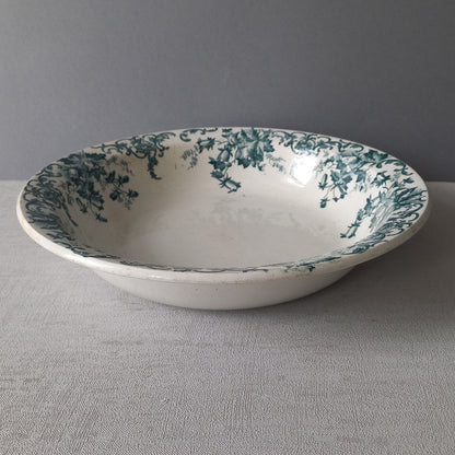 Antique ironstone dish or bowl with teal floral pattern from France, shabby chic rustic farmhouse kitchen