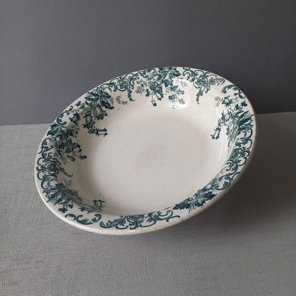 Antique ironstone dish or bowl with teal floral pattern from France, shabby chic rustic farmhouse kitchen