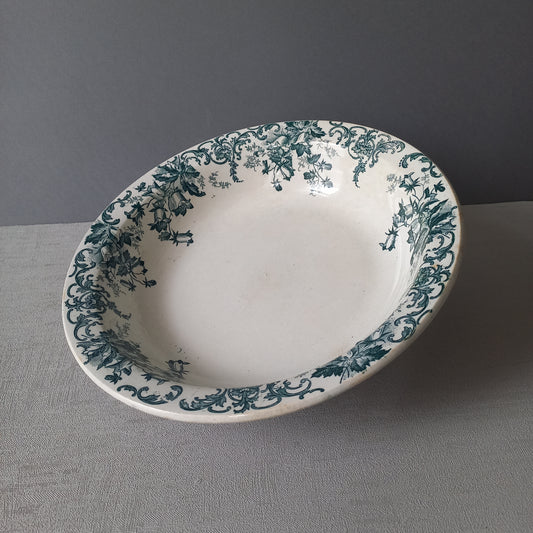 Antique ironstone dish or bowl with teal floral pattern from France, shabby chic rustic farmhouse kitchen