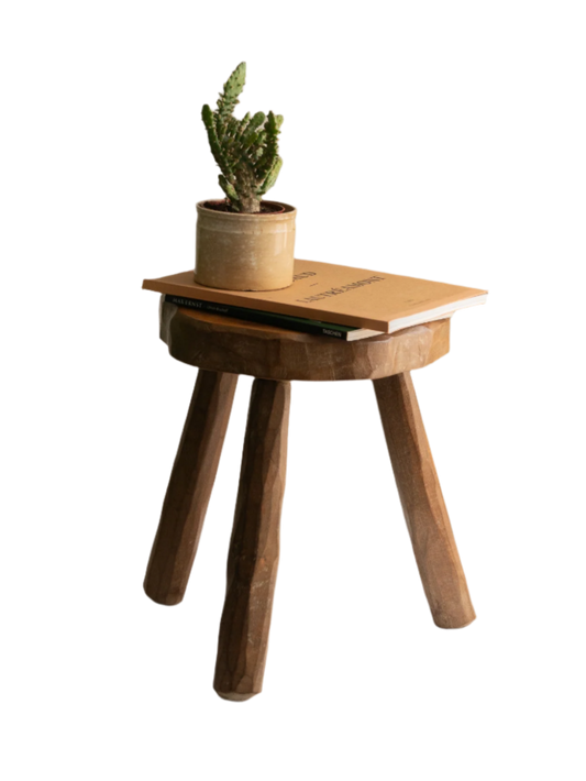 A French vintage chunky three legged wooden stool, a rustic piece with a lovely thick wooden seat that shows the natural pattern of the wood beautifully.