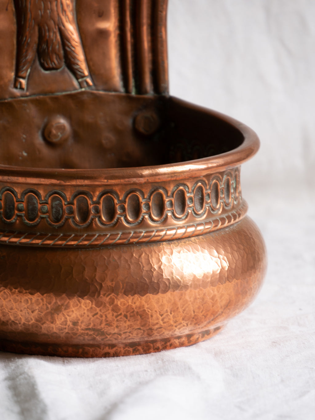 Copper vintage/antique wall-mounted planter with a hunting scene 