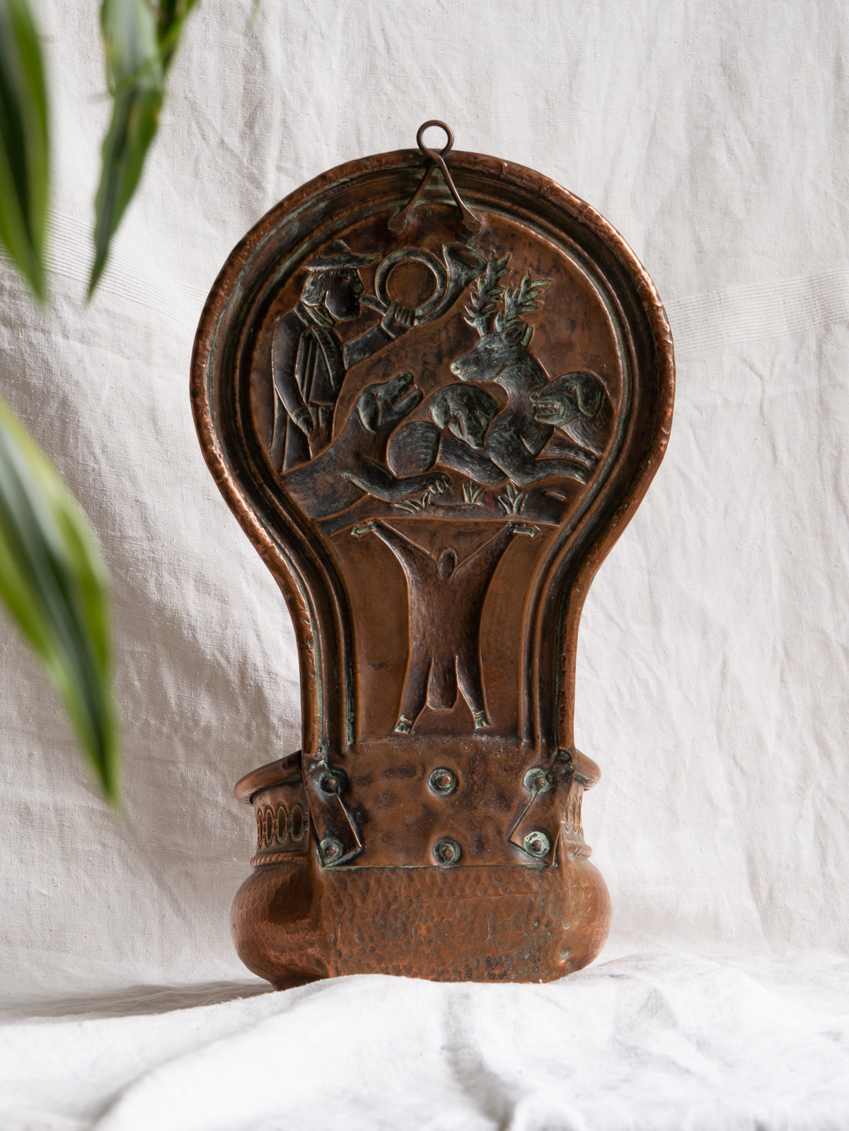 Copper vintage/antique wall-mounted planter with a hunting scene 