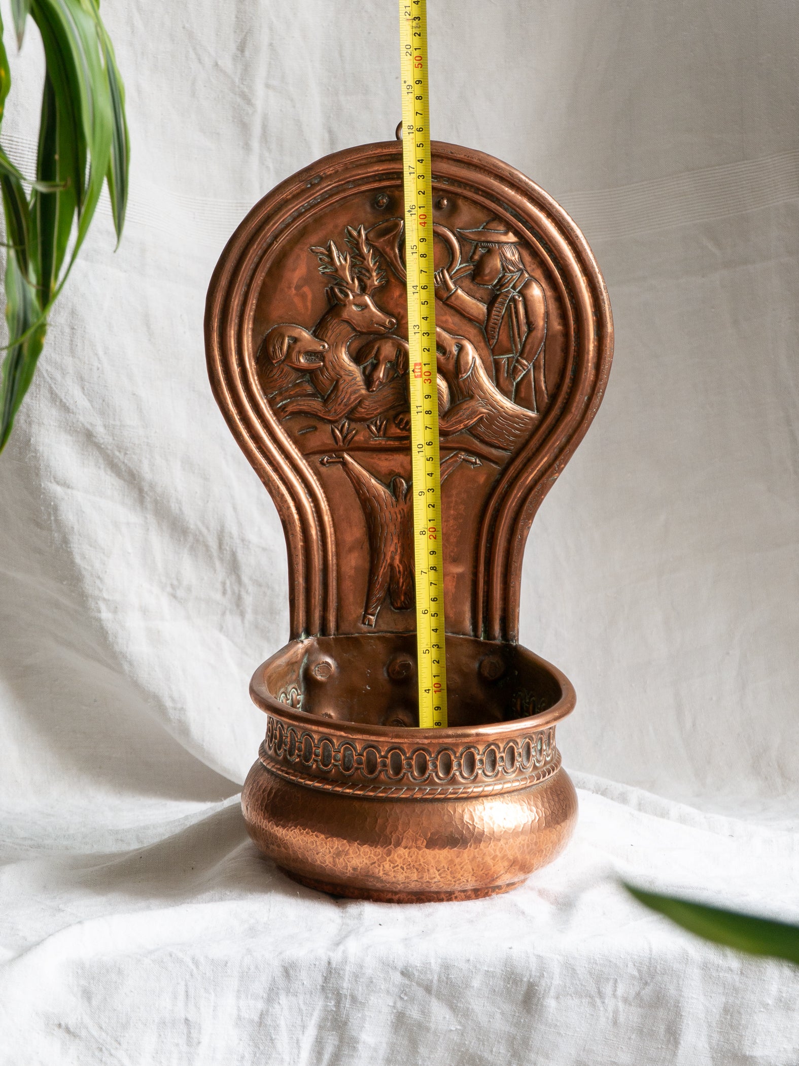 Copper vintage/antique wall-mounted planter with a hunting scene 