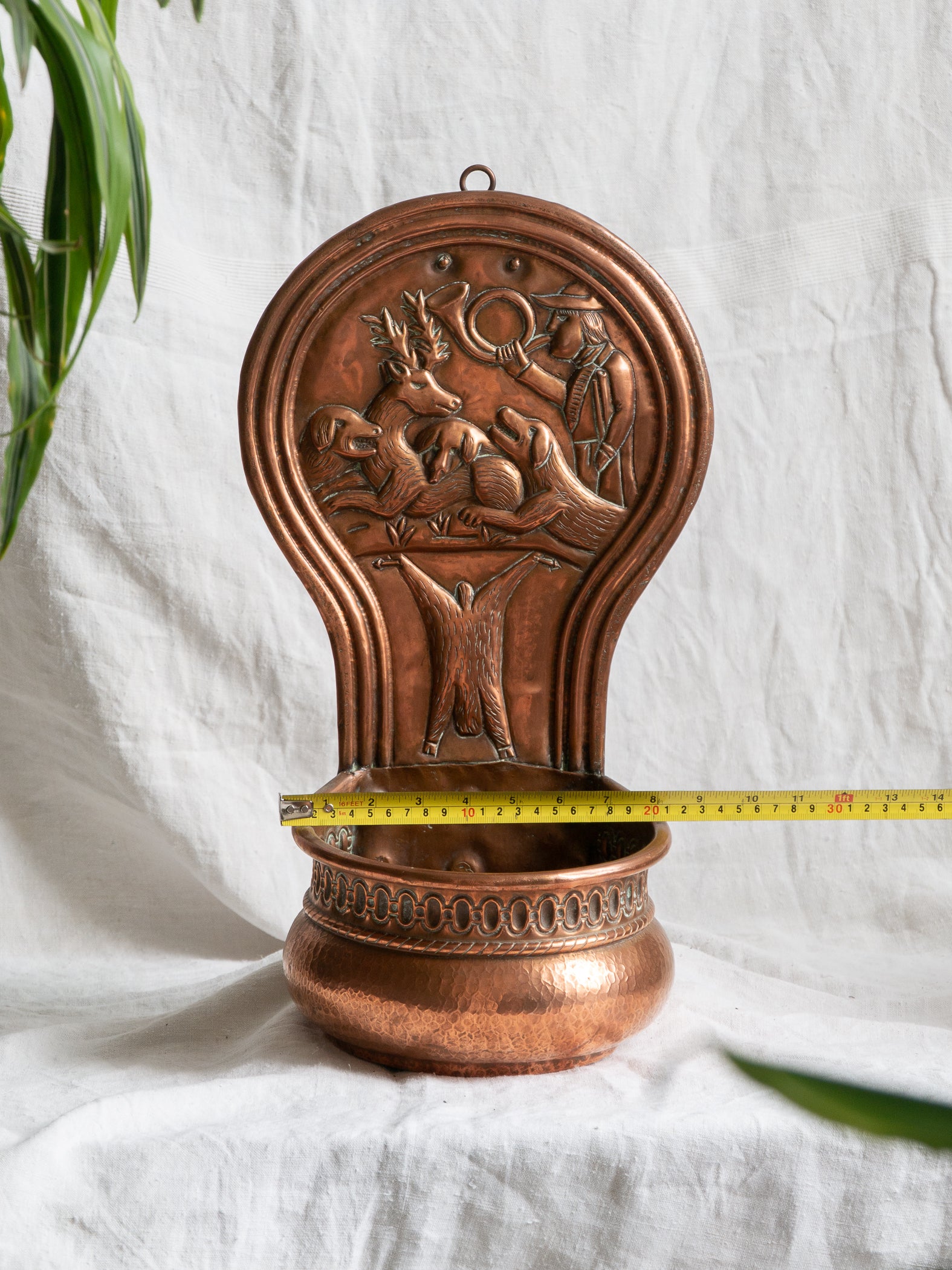 Copper vintage/antique wall-mounted planter with a hunting scene 