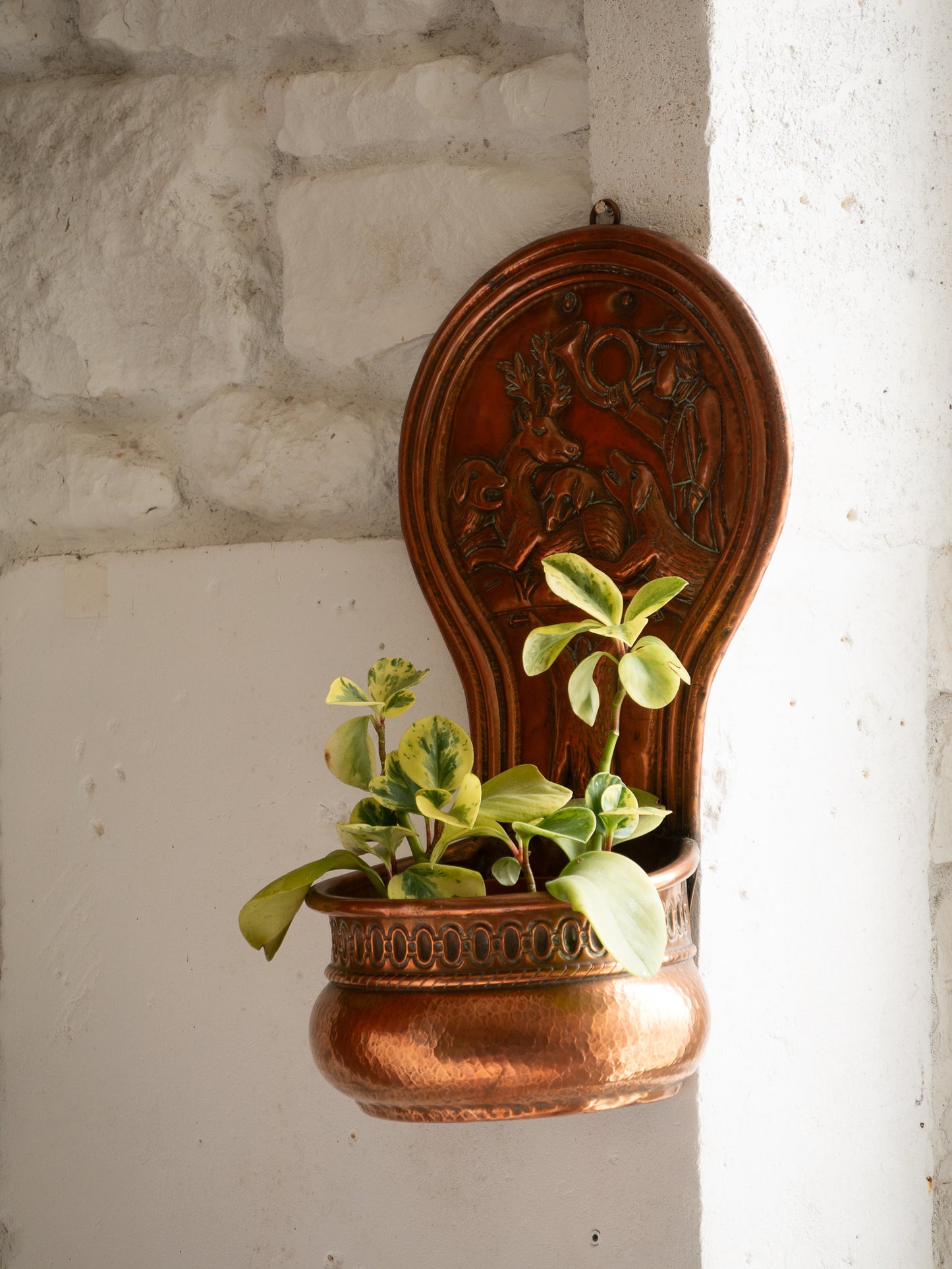 Copper vintage/antique wall-mounted planter with a hunting scene 