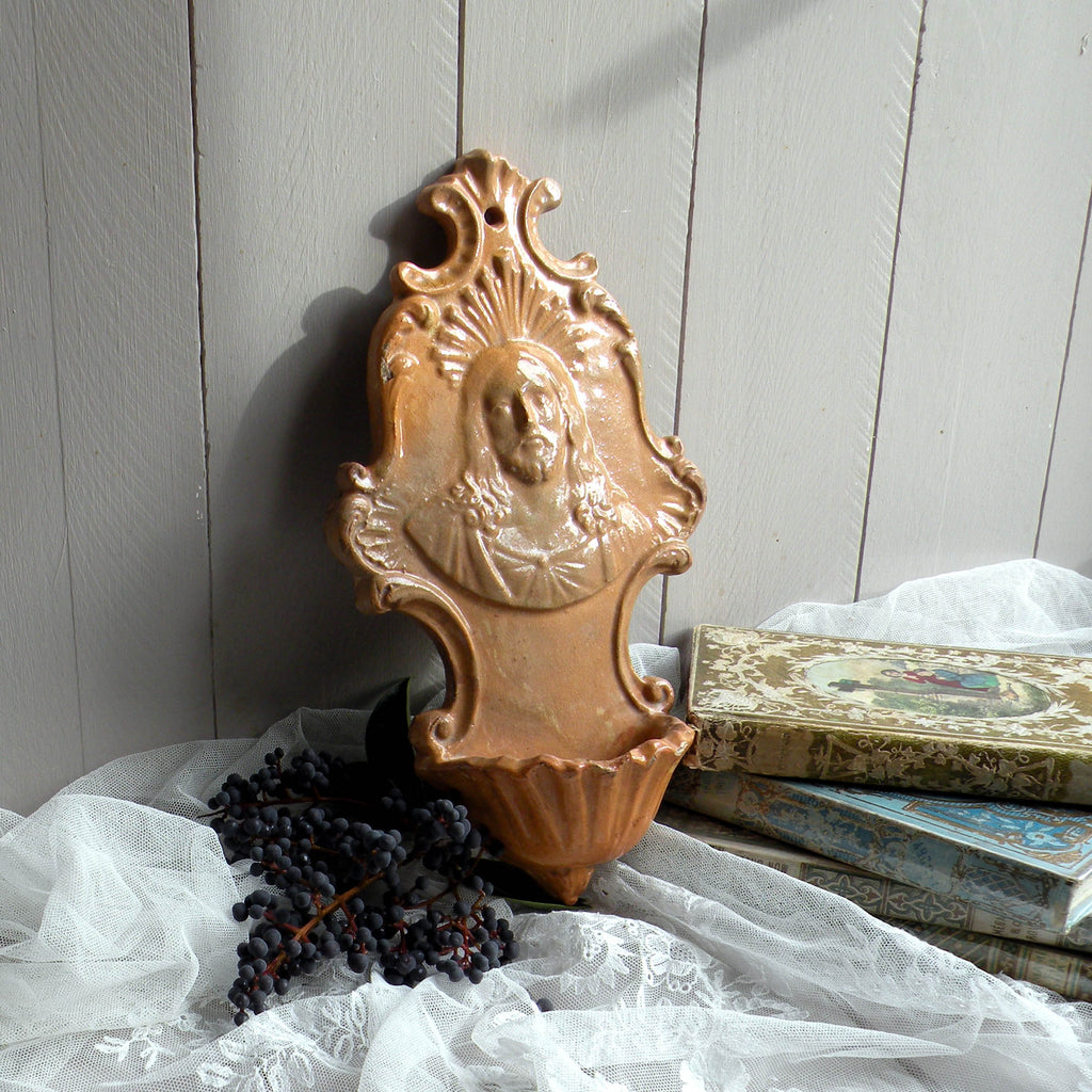 French antique glazed stoneware Holy Water font/stoup with Jesus Christ in relief.