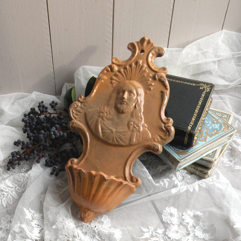 French antique glazed stoneware Holy Water font/stoup with Jesus Christ in relief.