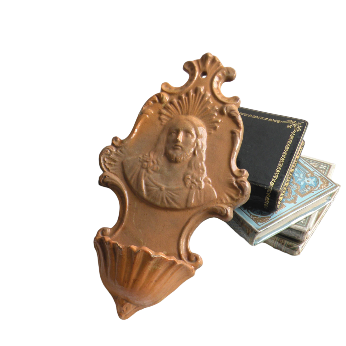French antique glazed stoneware Holy Water font/stoup with Jesus Christ in relief.