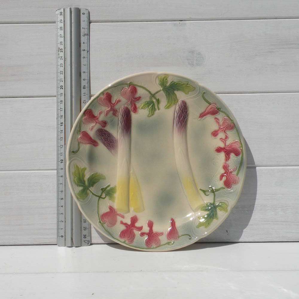 Vintage majolica asparagus plate from France by St Clements, country home decor, farmhouse kitchen decor