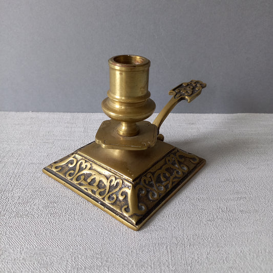 Decorative brass chamber stick for candle, small antique candle holder