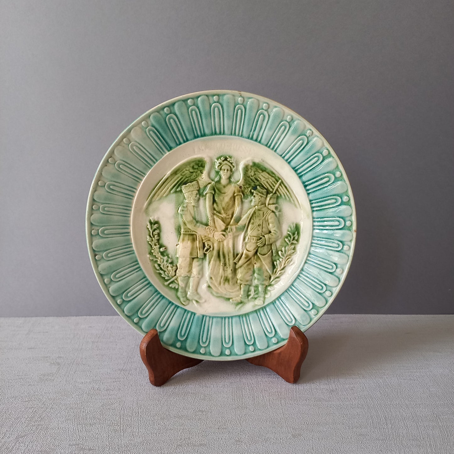 Decorative majolica military plate, French antique wall plate, Franco-Russian alliance plate