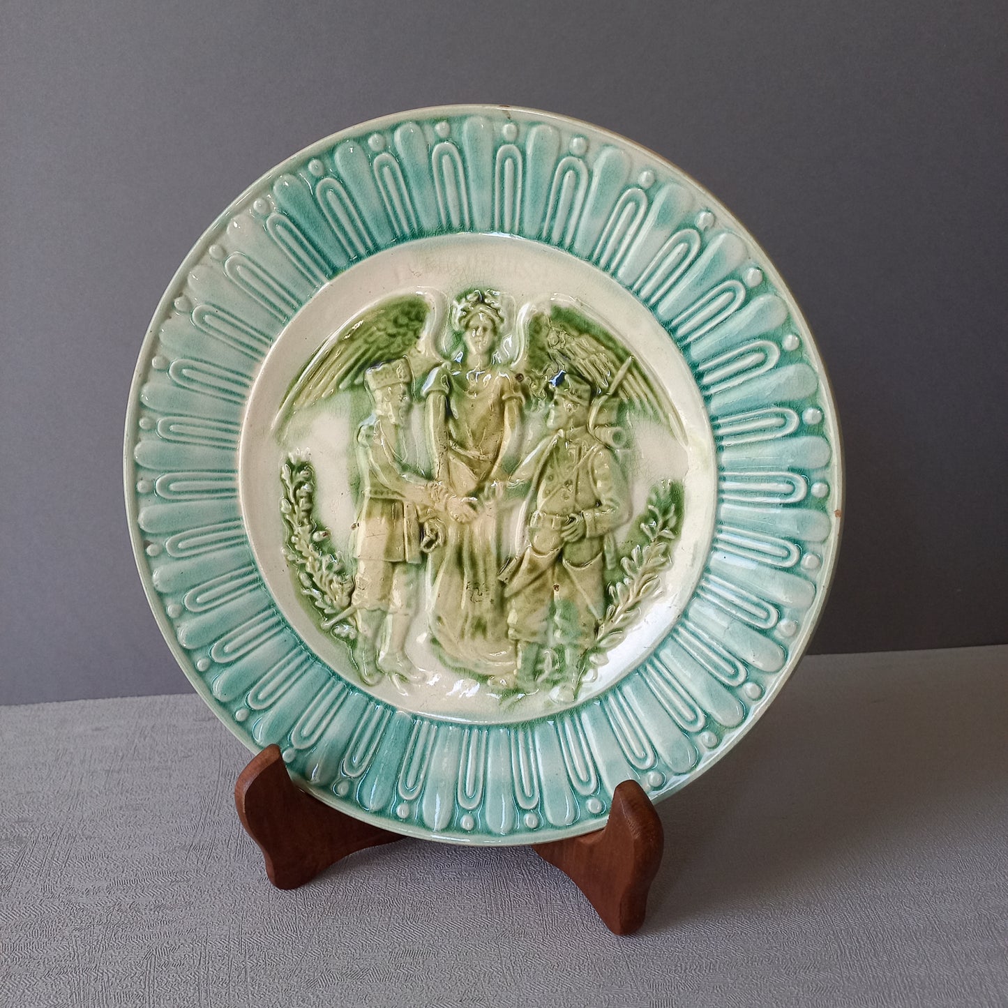 Decorative majolica military plate, French antique wall plate, Franco-Russian alliance plate