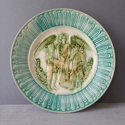 Decorative majolica military plate, French antique wall plate, Franco-Russian alliance plate