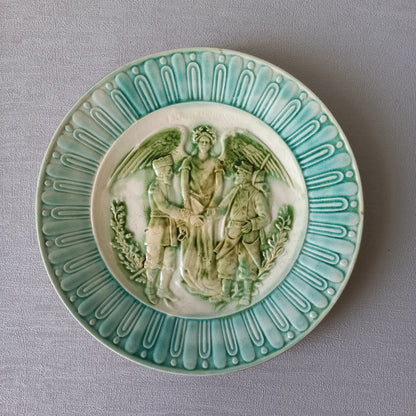 Decorative majolica military plate, French antique wall plate, Franco-Russian alliance plate