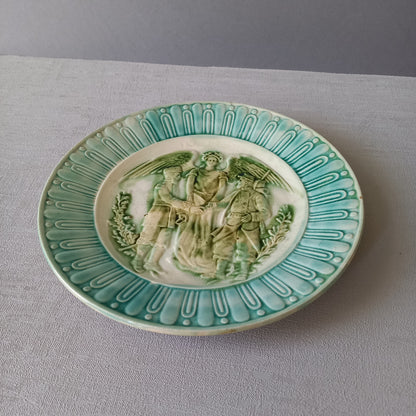 Decorative majolica military plate, French antique wall plate, Franco-Russian alliance plate