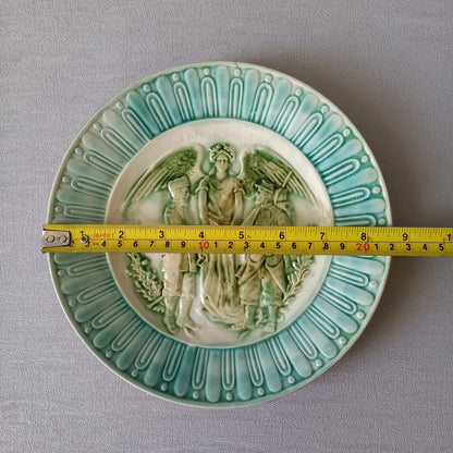 Decorative majolica military plate, French antique wall plate, Franco-Russian alliance plate