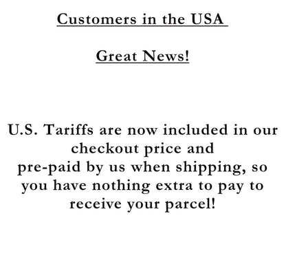 Text message about U.S. tariffs included in checkout and shipping costs for customers in the USA.