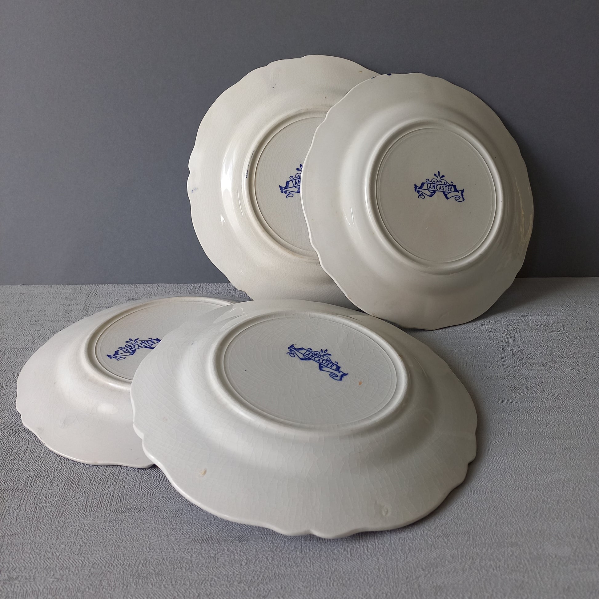 A stunning set of 4 small antique white ironstone plates with blue floral patterns from France.